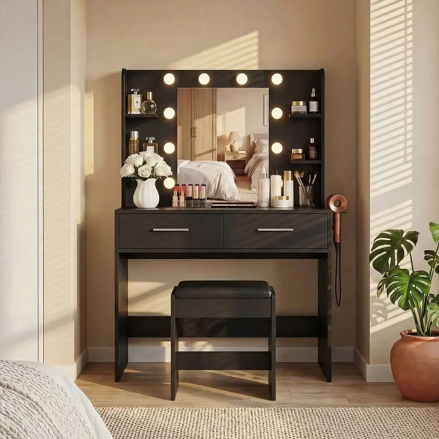 Make Up Vanity Desk With Mirror And Power Outlet, Vanity With 3 Color Light Options Adjustable Brightness,Vanity Desk With 2 Dra