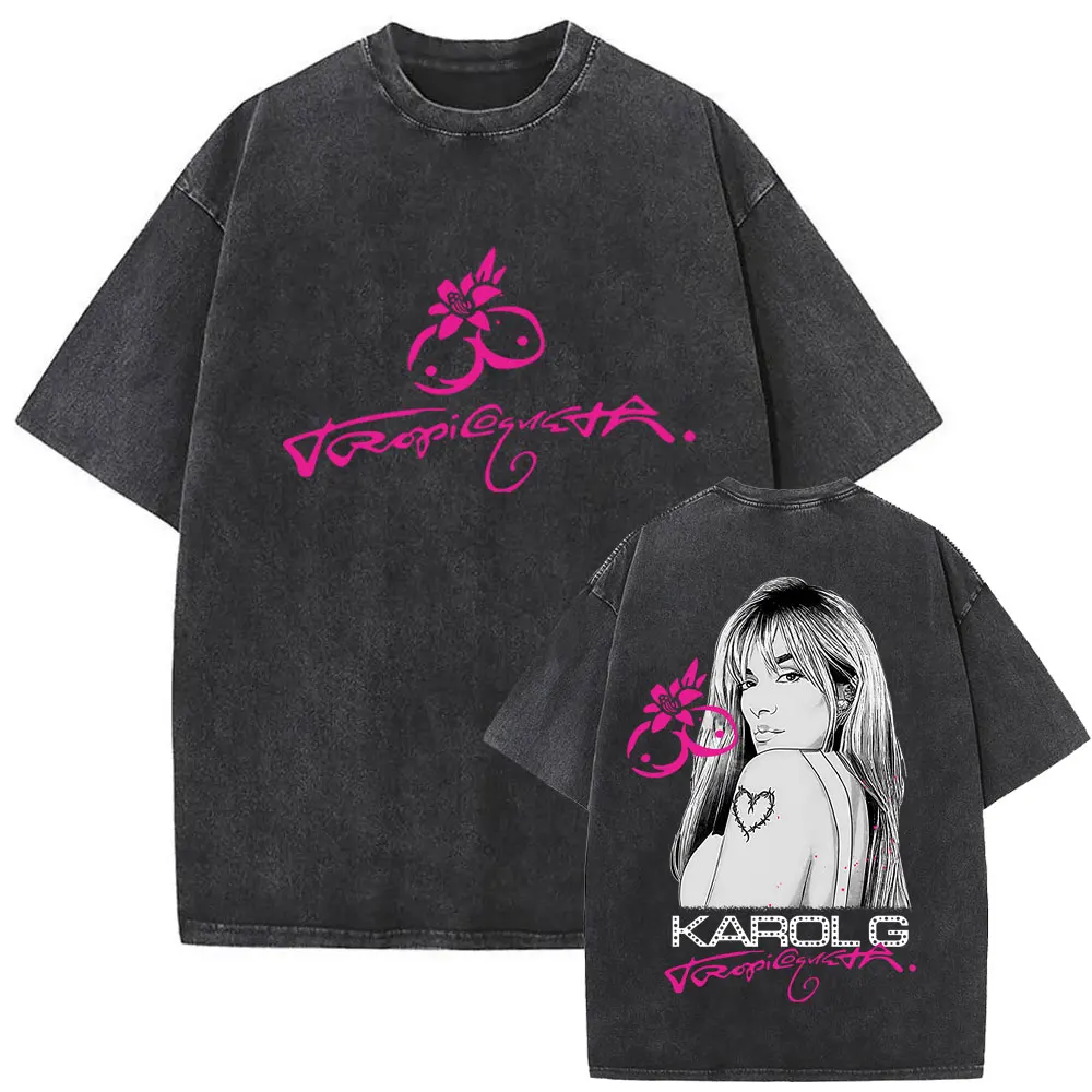 

Karol G Tropicoqueta Latina Foreva 2025 Album Vintage Washed T-shirt Summer Male Casual Tshirt Men Women Clothing Fashion Tops