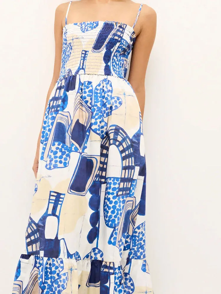 Vestido plisado con tirantes de verano, vestido informal de cintura alta sin mangas para playa, vestidos largos con estampado de patrón azul y hombros descubiertos, vestido Bohe