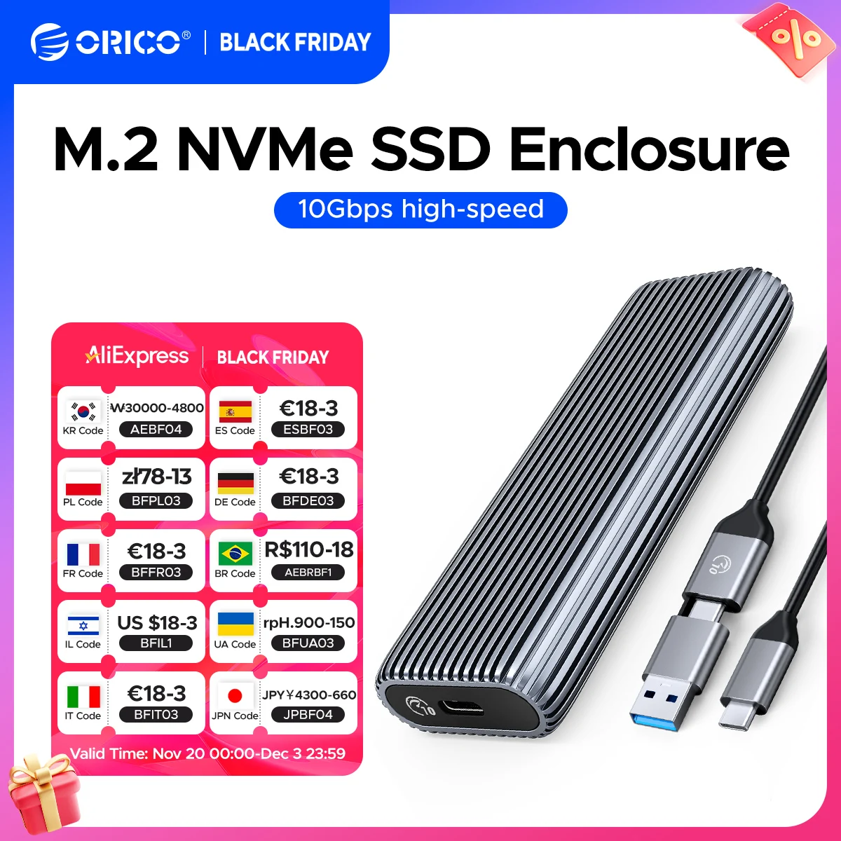 

Корпус ORICO для SSD M2 NVMe, 10 Гбит/с, PCIe Type C M.2 SSD
