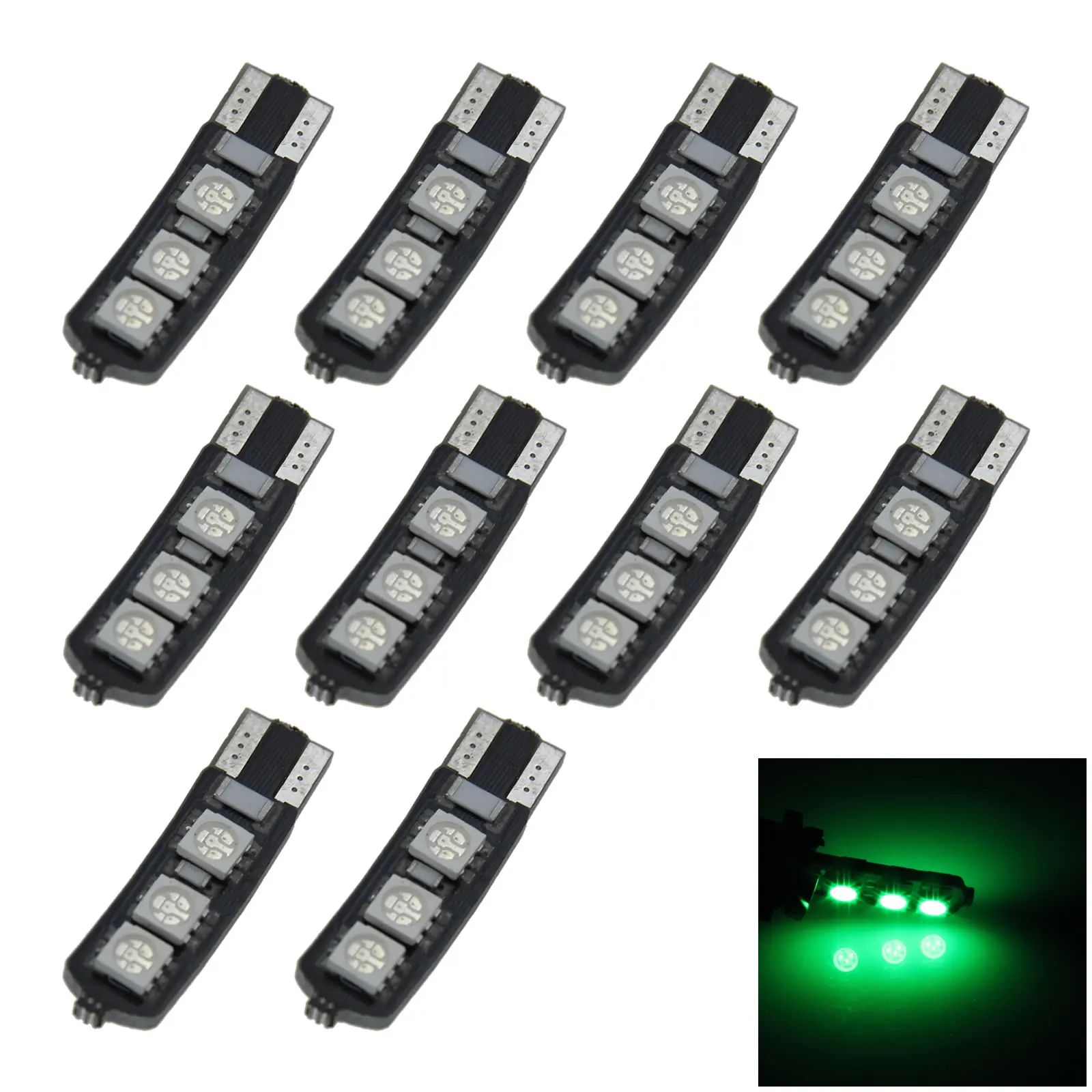 10x Green Auto T10 W5W Interior (Map/Dome) Light Canbus Error Free 6 Emitters 5050 SMD LED 280 285 447 A017-G