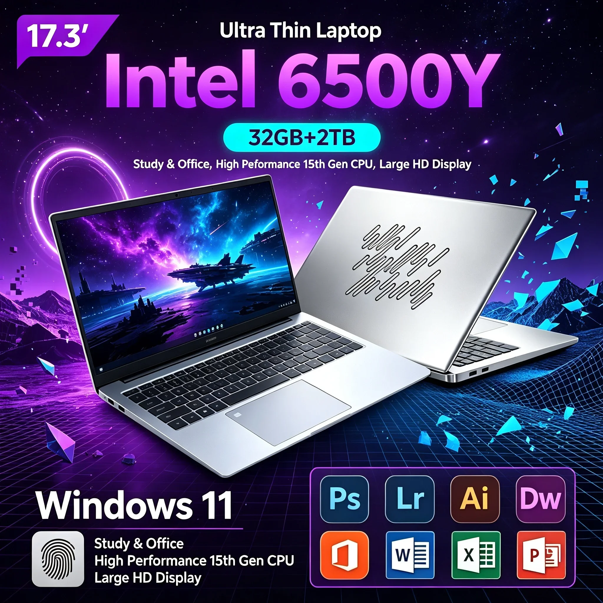 17.3'' Inch Big Display Portable Notebook Intel Core 6500Y 32GB RAM 2TB SSD Windows11 WiFi6 BT5.2 Laptop PC For Work Home Office