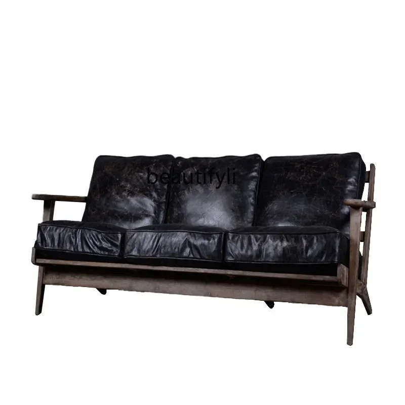 Q181  Couch Solid Wood Vintage American Genuine Leather First Layer Cowhide Tiger Single Armchair
