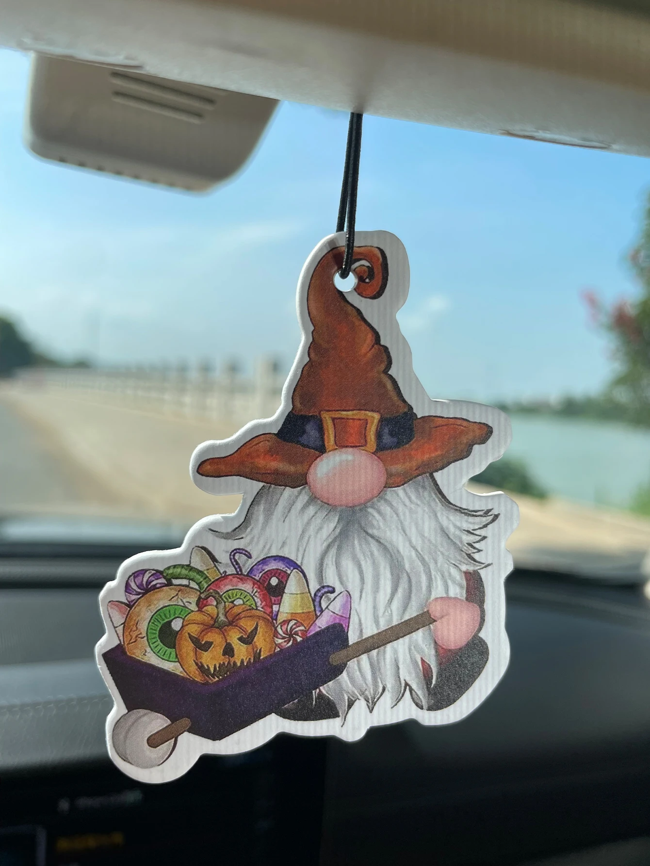 Halloween Gnome With Candy Pumpkin Wheelbarrow Hanging Car Air Freshener, Natural Plant Extract Alcohol‑Free Scented Paper Card,
