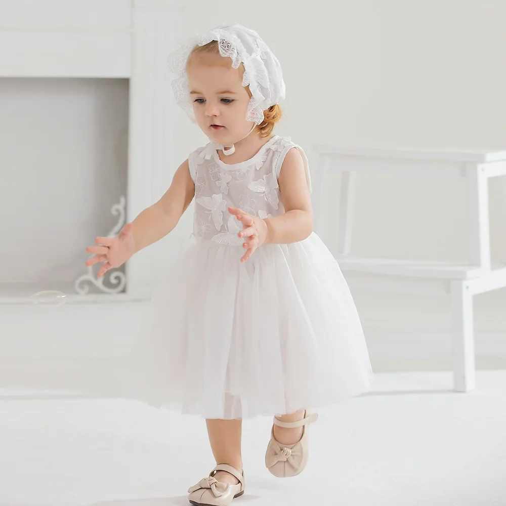 

Baby Christening Gown with Hat Butterfly Lace First Birthday Party Princess Dresses for Girls Toddler Summer Costume 0-2Y