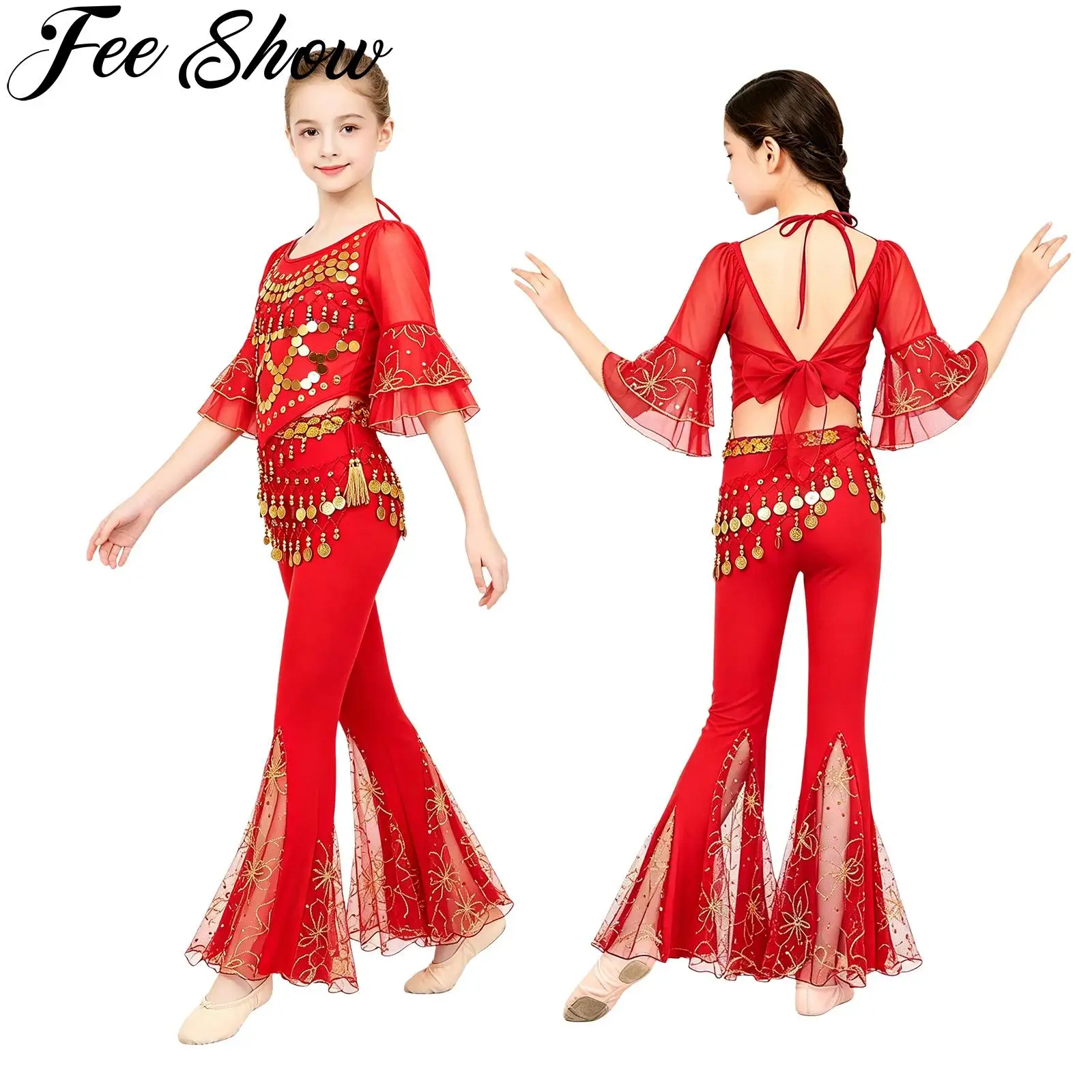 Teen Girls Oriental Belly Dance Outfit Halloween Indian Arabian Princess Costume Half Sleeve Sequins Tassel Crop Top with Pants