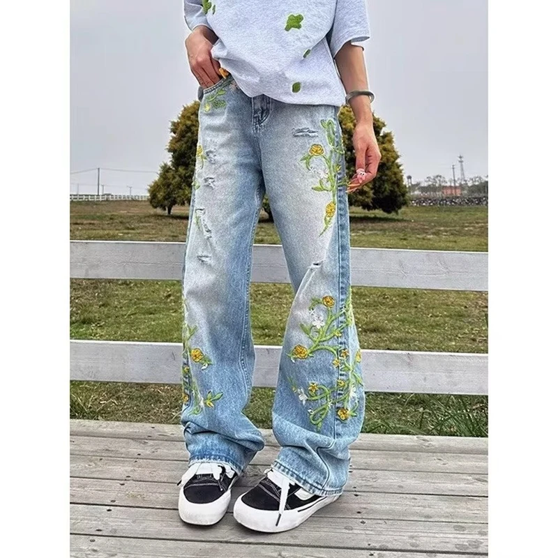 

Stretch Straight Jeans Man's Loose High-waisted Embroidered Denim Trousers Casual Vintage Flared Pants Washed Wide Leg Trousers
