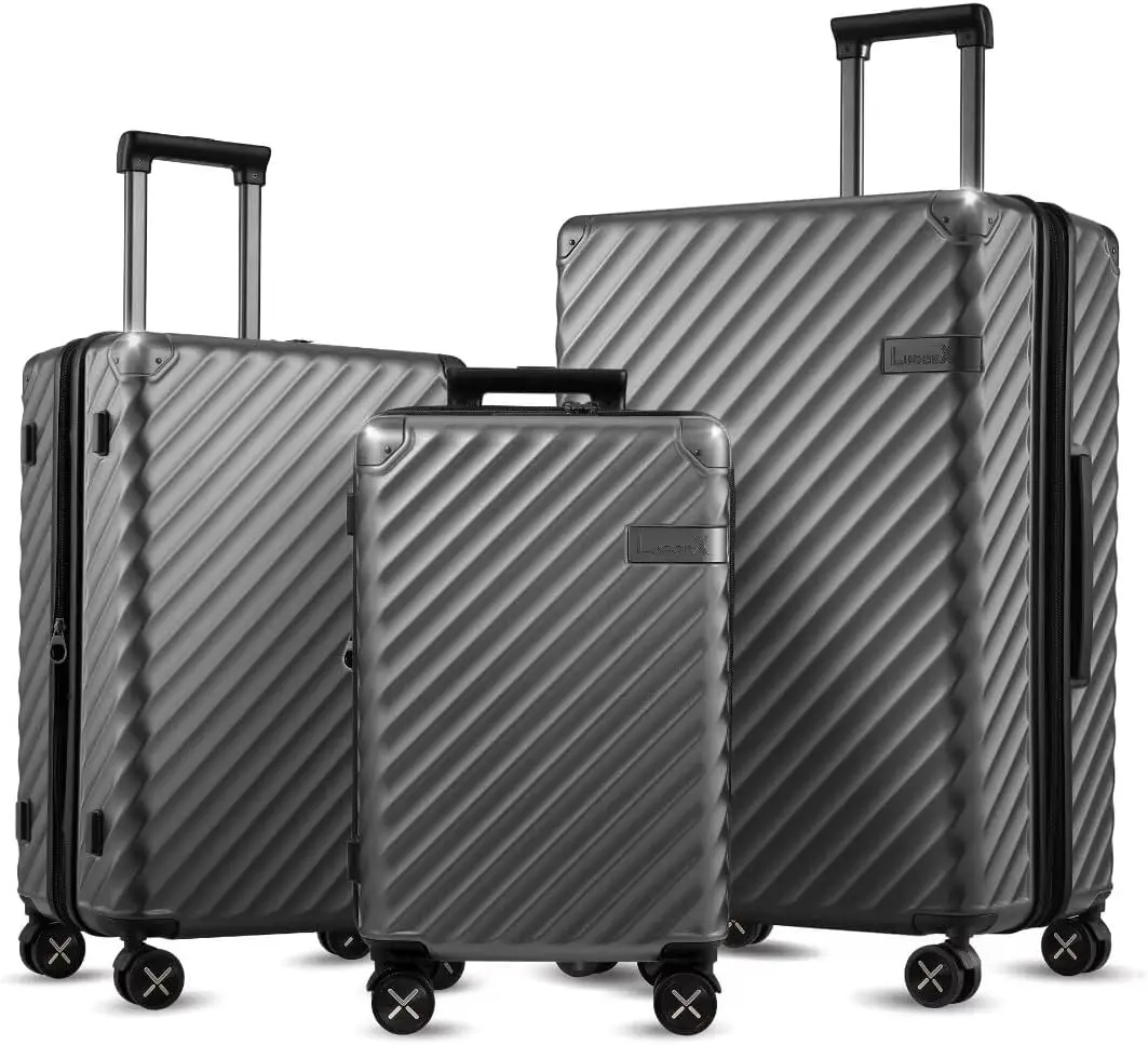 LUGGEX Luggage with Spinner Wheels - Polycarbonate Expandable Hard Shell Suitcase, 3-Piece Set(20/24/28), Black