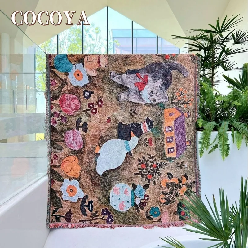 

Retro Art Cat Blankets for Beds Korean Style Bedroom Decorative Tapestry Cartoon Animal Weave Picnic Blanket Outdoor Camping Mat