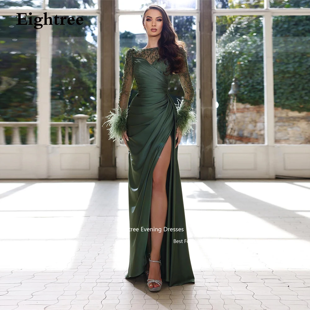 

Eightree Feather Satin Sexy Evening Dresses Mermaid Green Leg Slit O Neck Formal Occasion Dresses Dresses For Women 2023