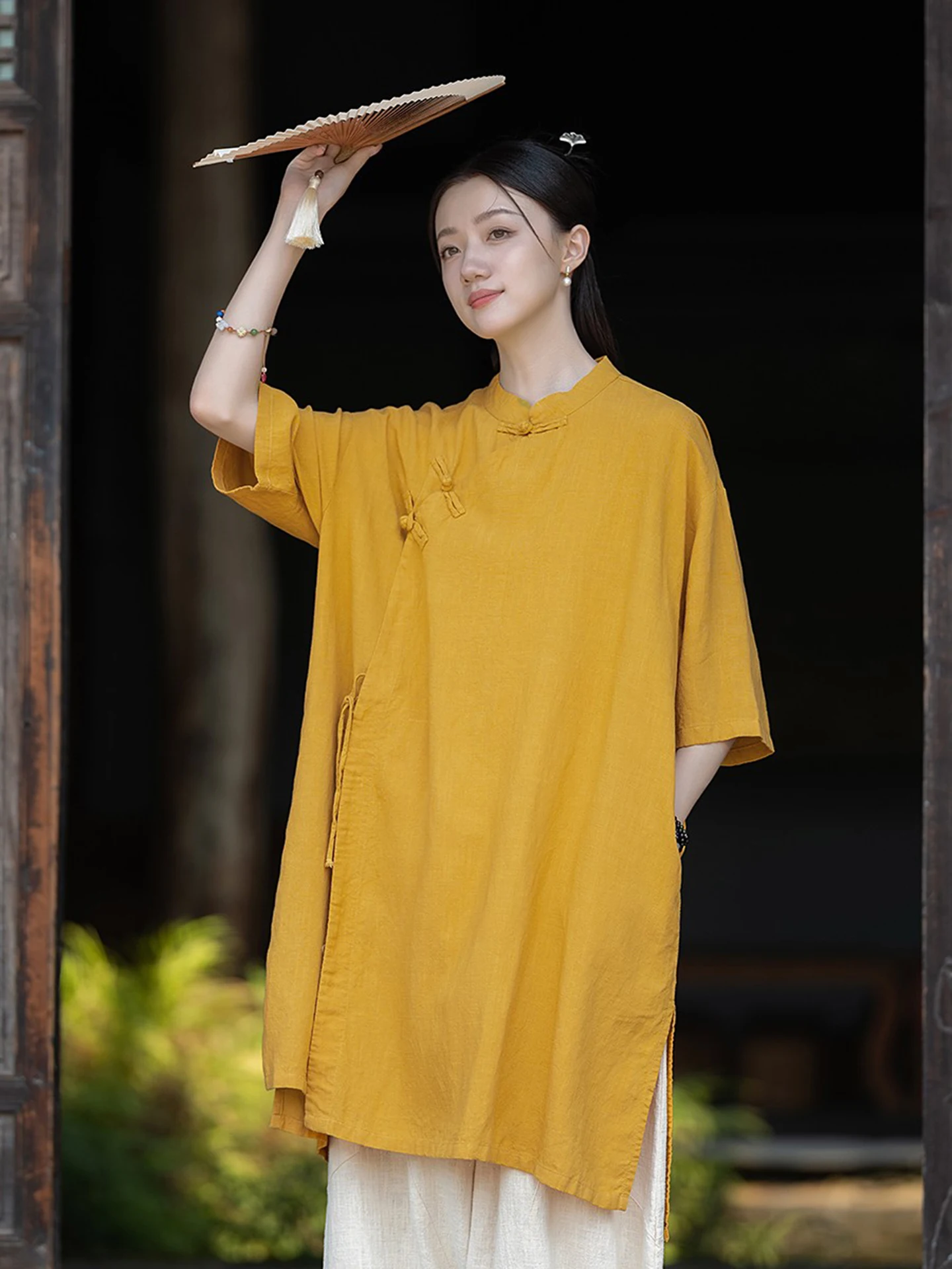 New Chinese Style Women's Linen Top Summer Thin Monastic Buddhist Clothing Breathable Short Sleeve Stand Collar Zen Meditatio...