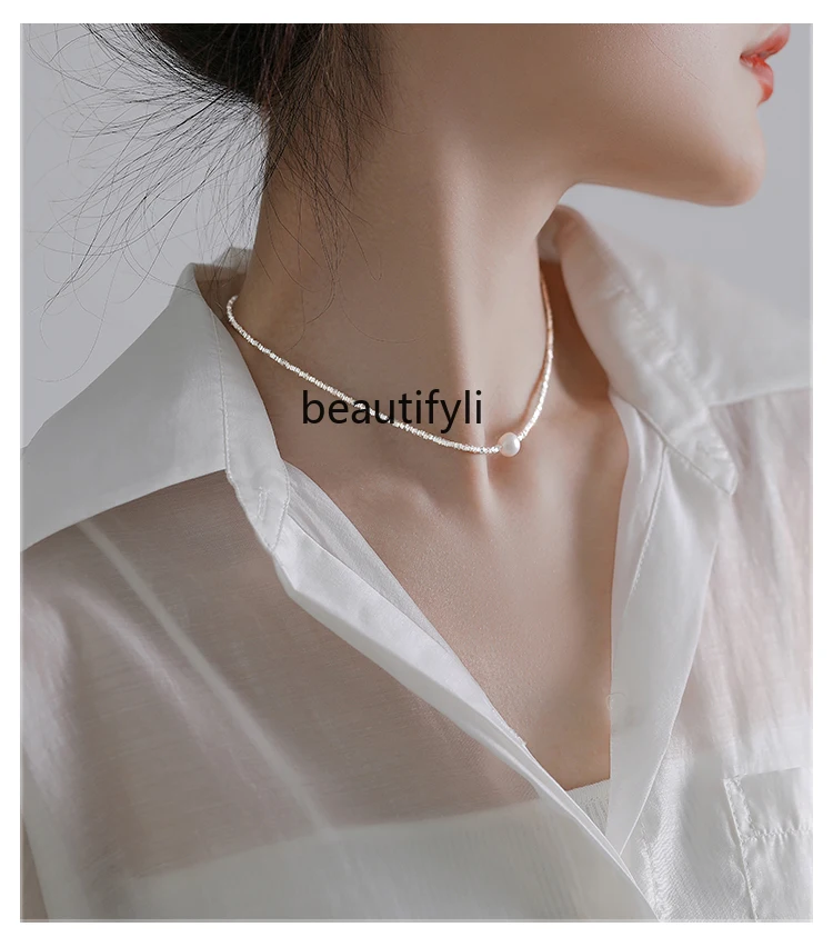 925 sterling silver broken silver necklace women's natural freshwater pearl light luxury niche collarbone chain neck chain