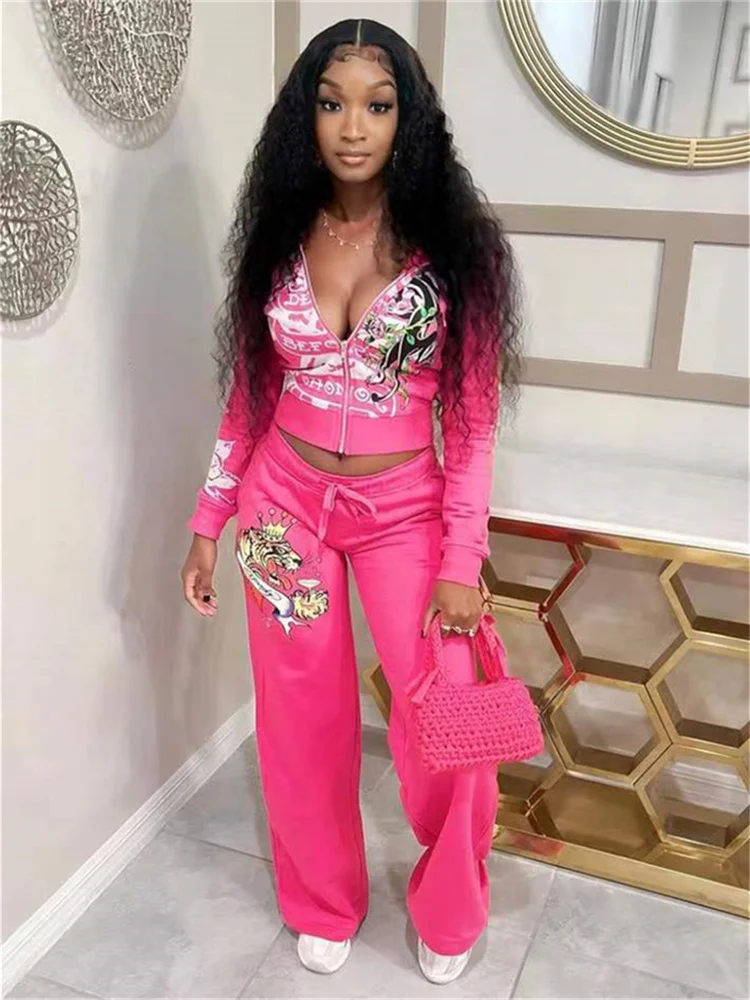 Spring 2 Two Piece Sets Casual Tracksuits Women Long Sleeve Zipper Crop Top+Baggy Pants Suits Club Rose Red Matching Outfits