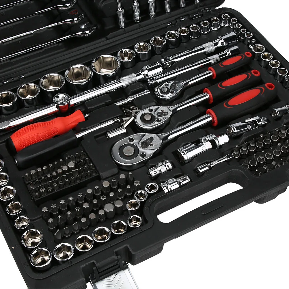 Ratchet Wrench Set 1/4in 3/8in 1/2in Socket Set Tool Case Hand Tool Kits + Box LPD0005‑7 Hand Tool Kits Ratchet Set