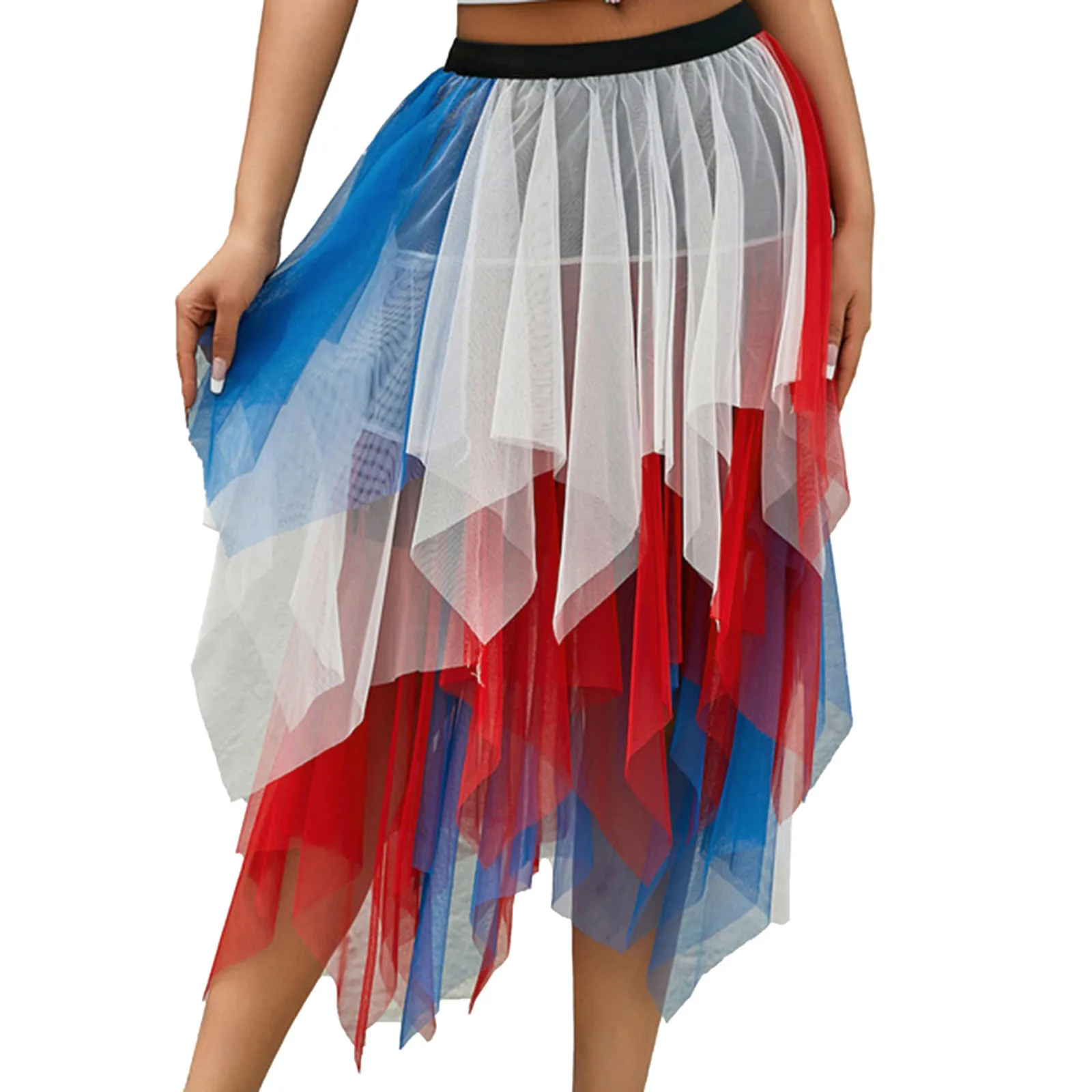 Women Long Tulle Skirt Patchwork Color Irregular High Waist Pleated Skirts Summer Adult Tutu Skirts Dancewear Party Performance