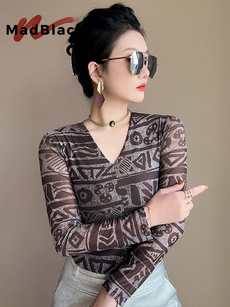 MadBlack-Women European T-Shirt, Sexy V Neck Geometry Print, Vintage Long Sleeve Slim S-3XL Mesh Knit Tee, 2026 Autumn T6O580CC