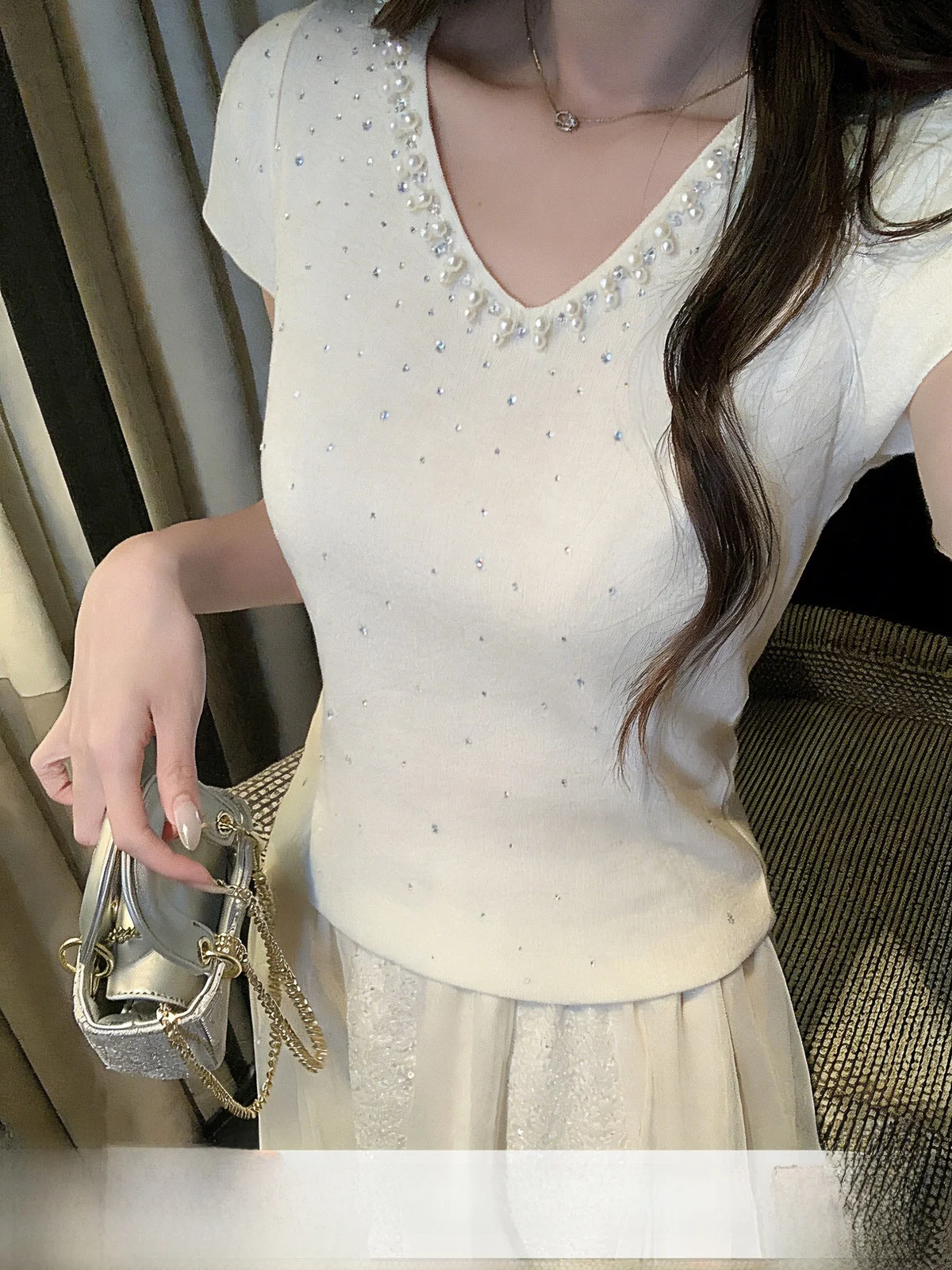 

Unique Beautiful Beaded Rhinestone Knitwear Short Sleeve Women's Slim Fit Summer Top Zhang Xinyou Holiday Sweetheart Series