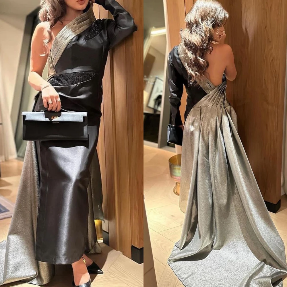 Fashion Asymmetrical One-Shoulder A-line Evening Dresses Anke Length Formal Ocassion Gown Pleat Satin birthday dress for women