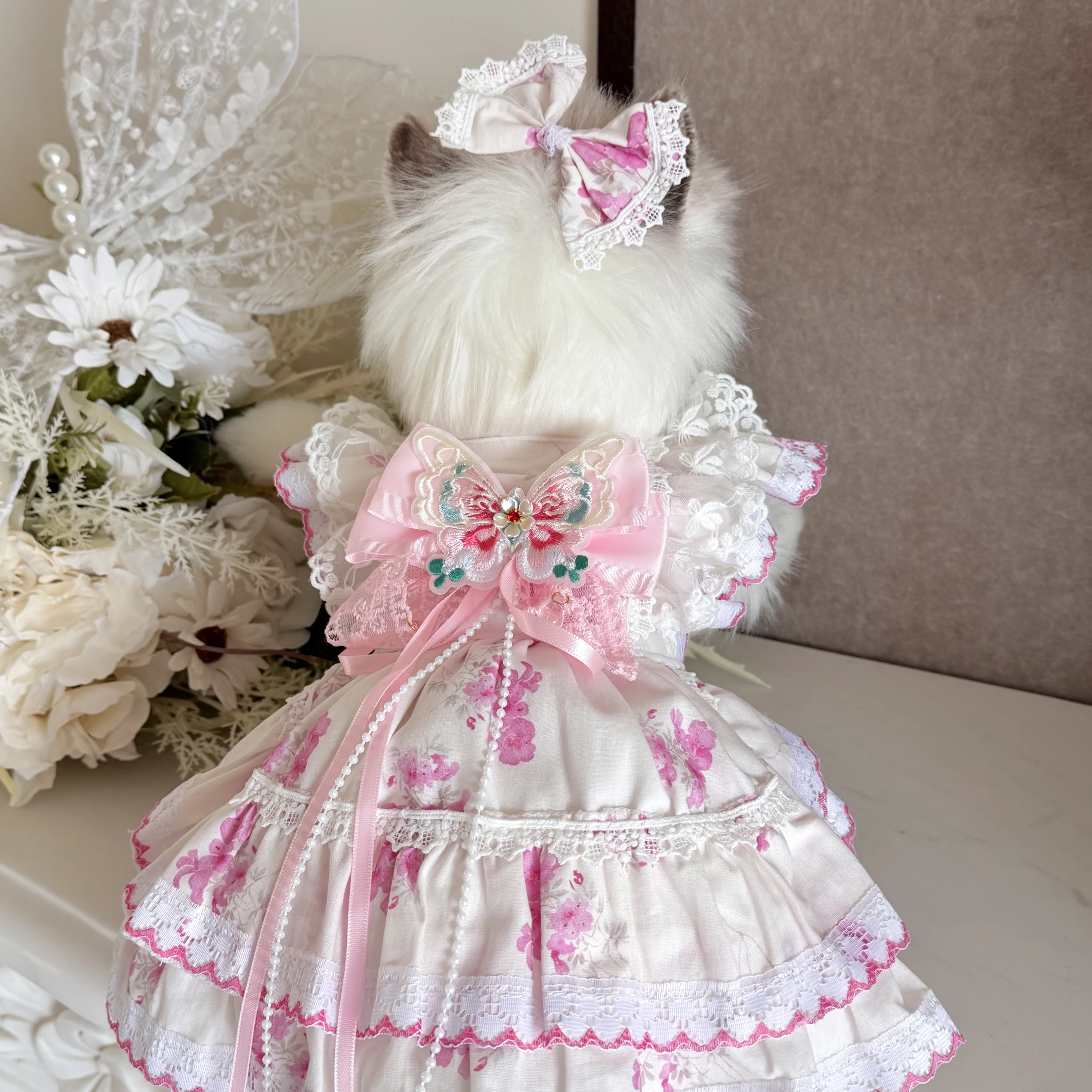 Handmade Thin Cotton Puppy Dog Cats Clothing Flower Print Butterfly Bow Sling Princess Dress for Small Medium Dog Pet Clothes