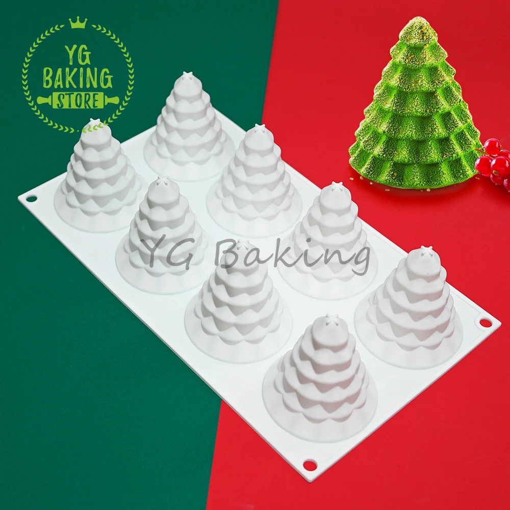 Dorica 8 Cavity 3D Christmas Tree Design Silicone Mousse Mould Pudding Chocolate Mold DIY Candle Model Cake Decor Tools Bakeware