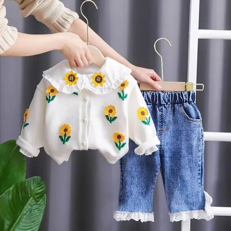 Girls Clothing Sets for Spring Autumn Kids Flower Long Sleeve Cotton sweater cardigan and Pants 2 Pcs Suit