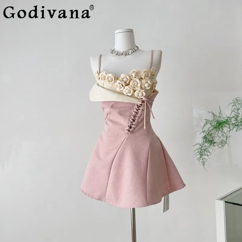 

Korean Sweet French Pure Desire Style Dress Women's Lolita Sweet Pink Strap Dress Female Sleeveless Princess Short Dress