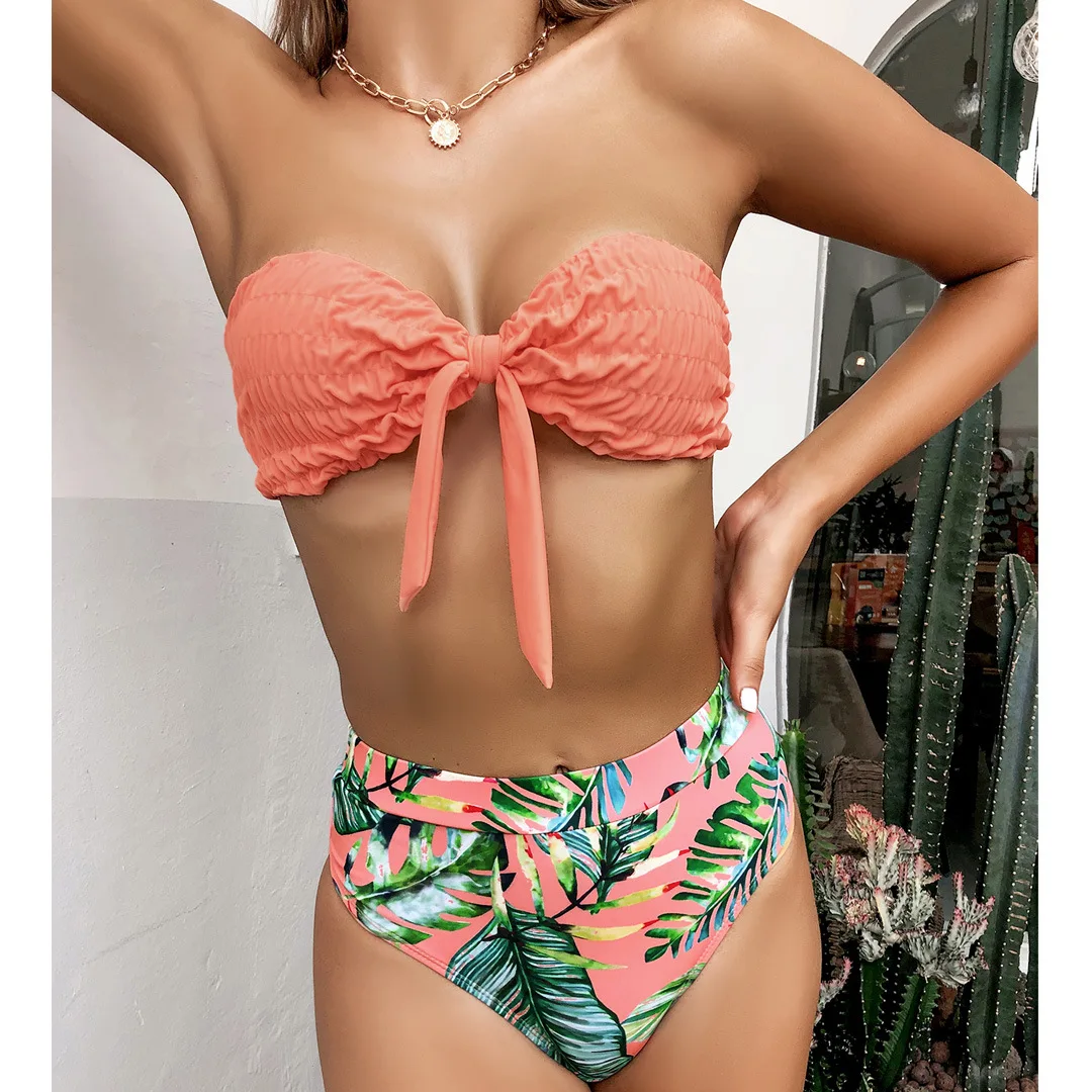 2024 Sexy Bikini Bandeau Women Swimwear Swimsuit Pleated Push Up Leaf Print High Waist Backless Bikinis Set Beach Bathing Suit