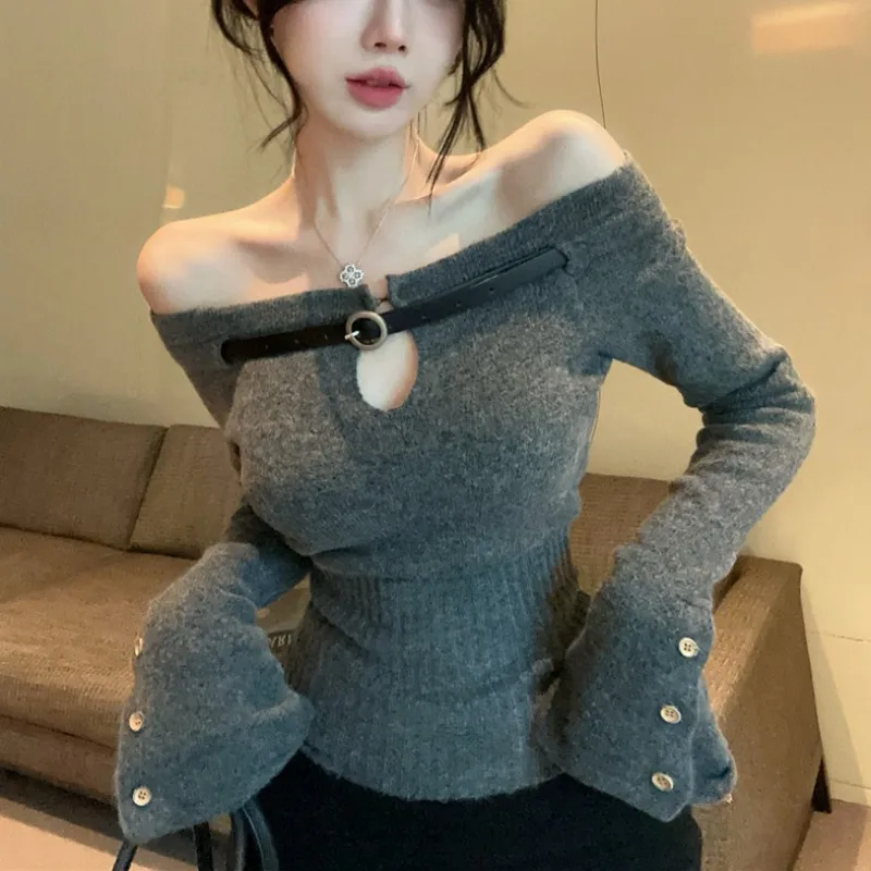 

One-word Shoulder Pullover Sweater Women's Early Autumn Lazy Wind Small Man Pure Want To Show Shoulder Short Knitted Sweater Top