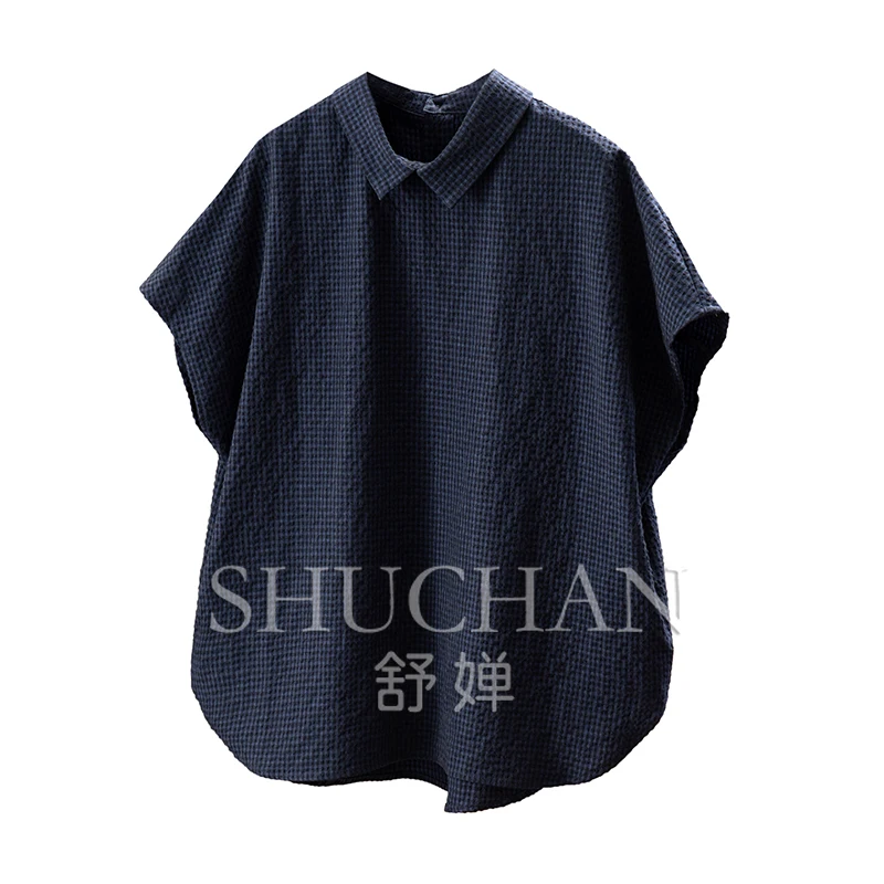 

New sense of literary and artistic high-end, French texture yarn-dyed plaid with cut bat sleeve shirt women 1Y73