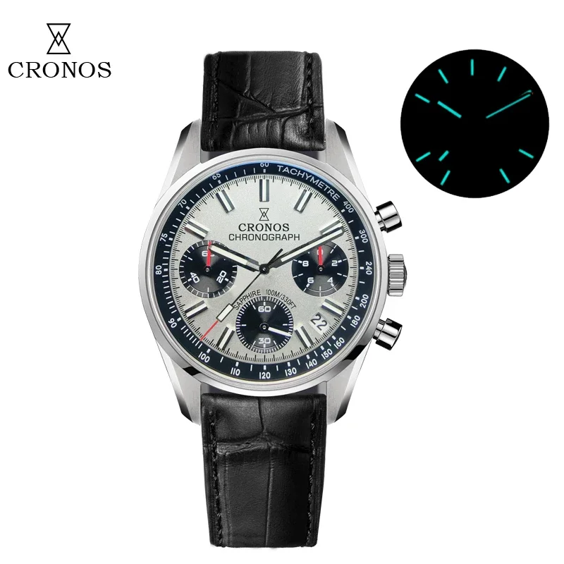 Cronos Watch For Men Chronograph Quartz Miyota S620 Black&White Panda Dial Sapphire 10ATM Waterproof Tachymetre Leather Strap