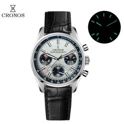 Cronos Watch For Men Chronograph Quartz Miyota S620 Black&White Panda Dial Sapphire 10ATM Waterproof Tachymetre Leather Strap