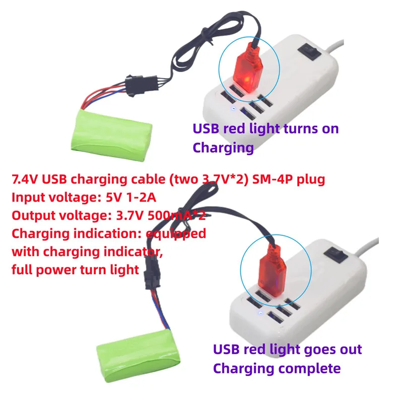 Rc車用SM-4Pプラグ付きUSB充電ケーブル,バッテリー充電器7.4v,d36w,de65,hm202,ec08,ec16,m416,電気ジェルボールブラスター,3個