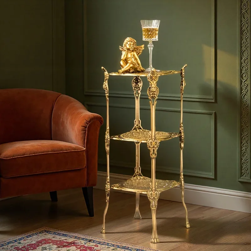 European retro brass floor rack, living room three-layer carved hollow storage rack, light luxury high-end home edge few
