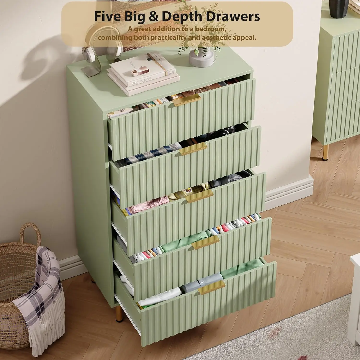 Modern Fluted 5 Drawer Dresser – 48
