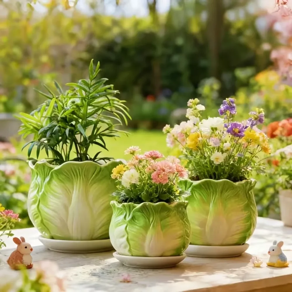 Flower Pots Texture Planter for Indoor Plants Set of 3 Ceramic Flower Pots with Saucer Cute Garden Pots Succulent Pots Gift