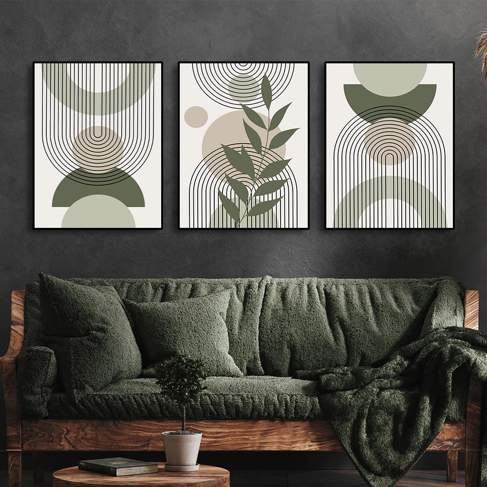 3PCS Bohemian style wall art green sage decorative wood frame modern bohemian abstract geometric canvas print to hang in bedroom