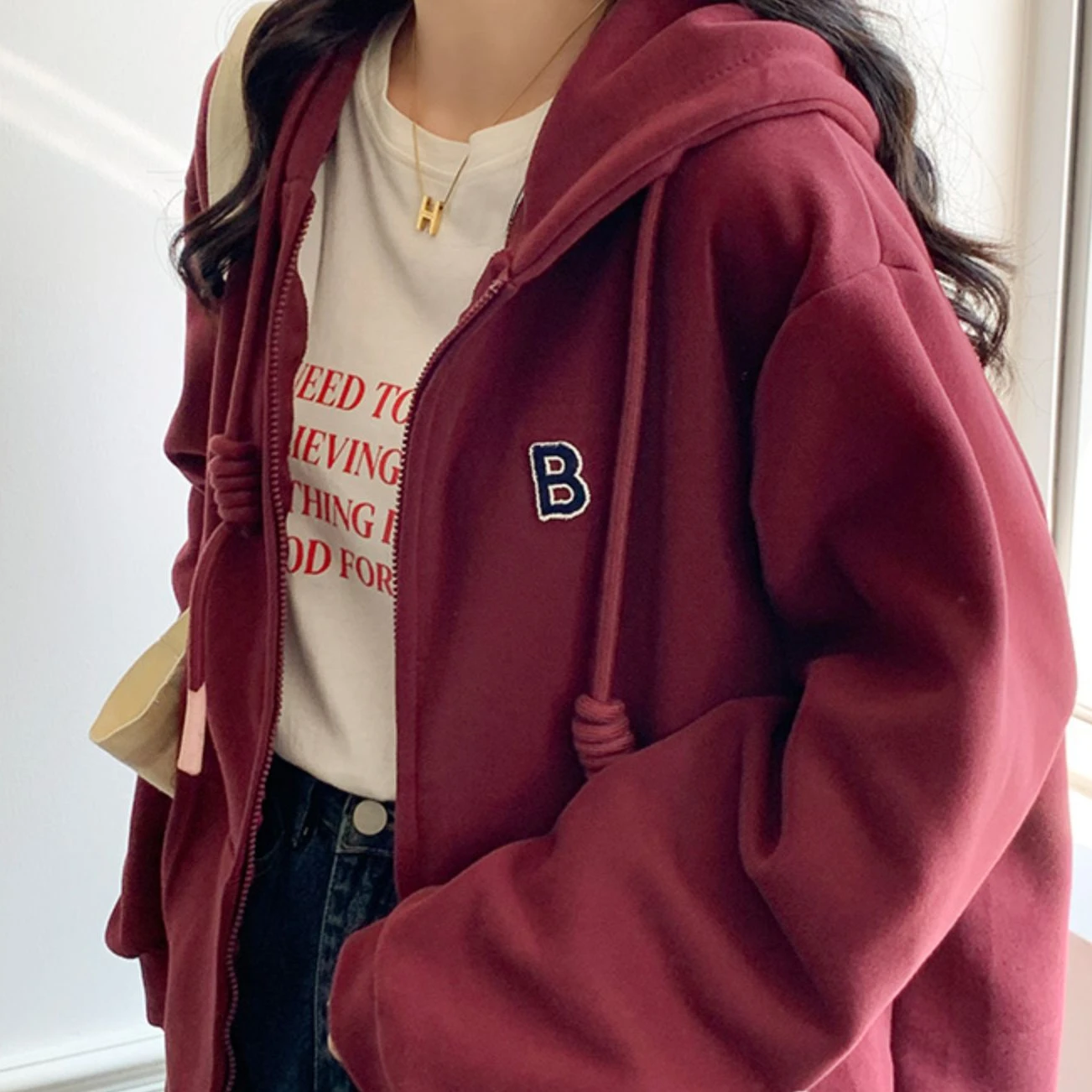 Burgundy Hoodies Women Fashion Loose Ins Vintage Thicker Autumn Korean Style All-match Zipper Casual Embroidery New 2023 Cool