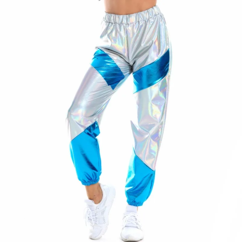 2026 New Women's Colour-blocked Trousers, Gold-plated Patent Leather Loose-fit Pants Radiating Dazzling Charm.