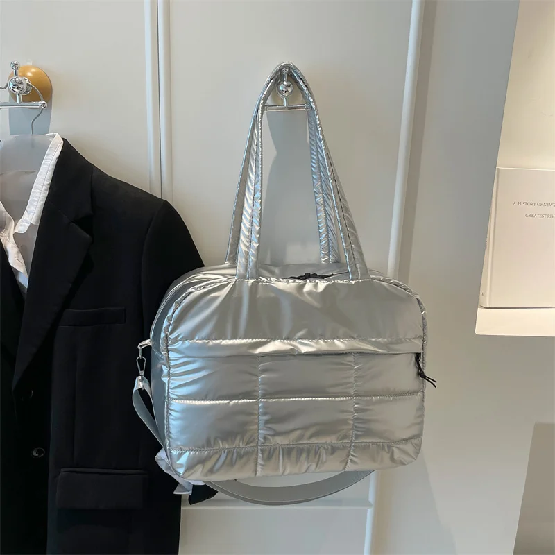 Damen-Umhängetasche mit Griff oben, reine Farbe, Nylon, lässige Damen-Umhängetasche, gesteppte Umhängetaschen für Shopping, Reisen
