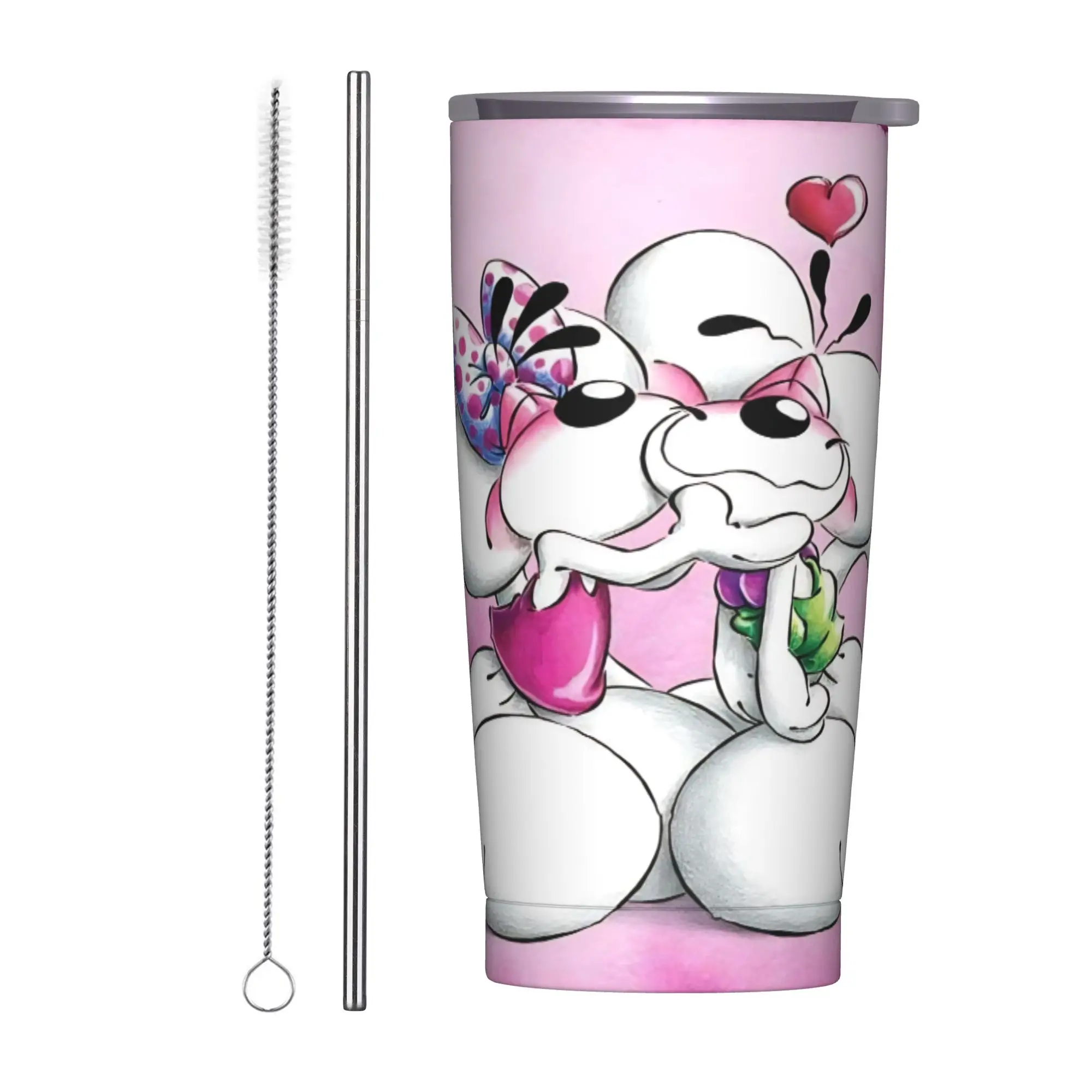 D-Diddles Isolierter Becher mit Strohhalmen, Diddl Cartoon Edelstahl-Kaffeetassen für Büro und Zuhause, Auslaufsichere Becher, 20oz