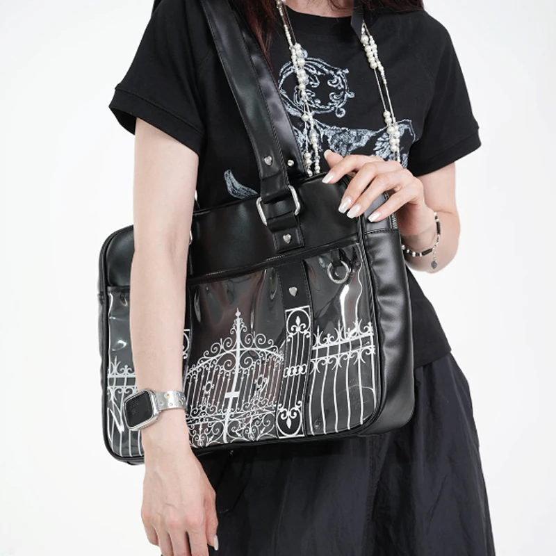 Gothic Ita Bag mit transparentem PVC-Fenster, Damen-Umhängetasche mit Eisentor-Design-Print, Vintage-Handtasche, schwarze Tragetasche – Detail 7
