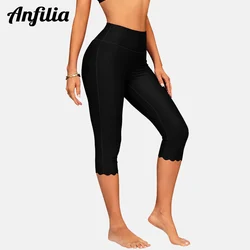 Anfilia Women Swimming Trunks Solid High Waist with Waistband Pocket Scallope Trim Slim Fit Capris Bikini Tankini Bottom