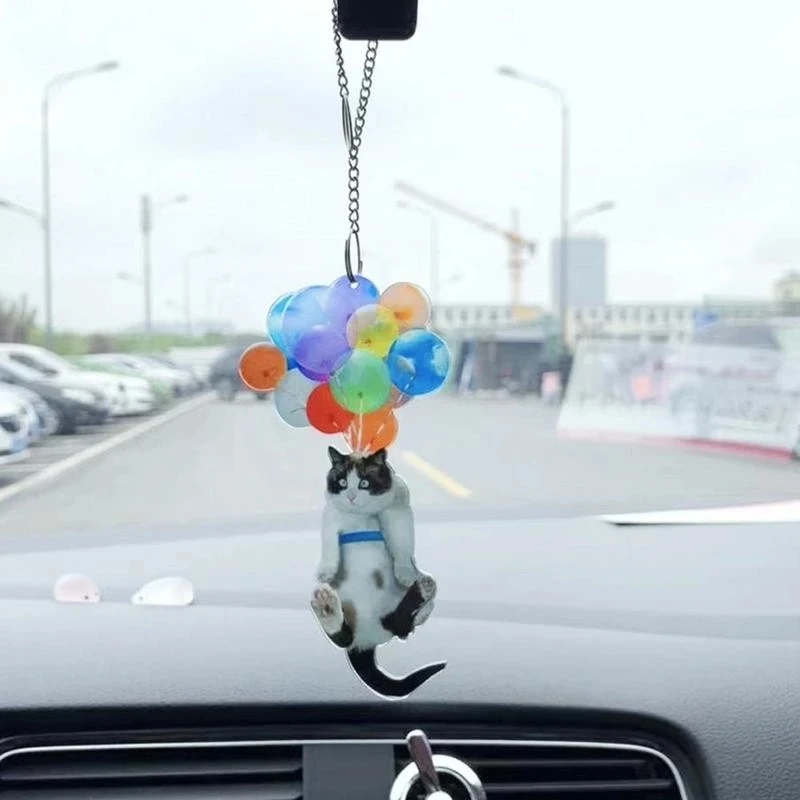 

2022 New Cat and Balloon Car Hanging Ornament Colorful Balloon Car Interior Decor Car Rearview Mirror Pendant
