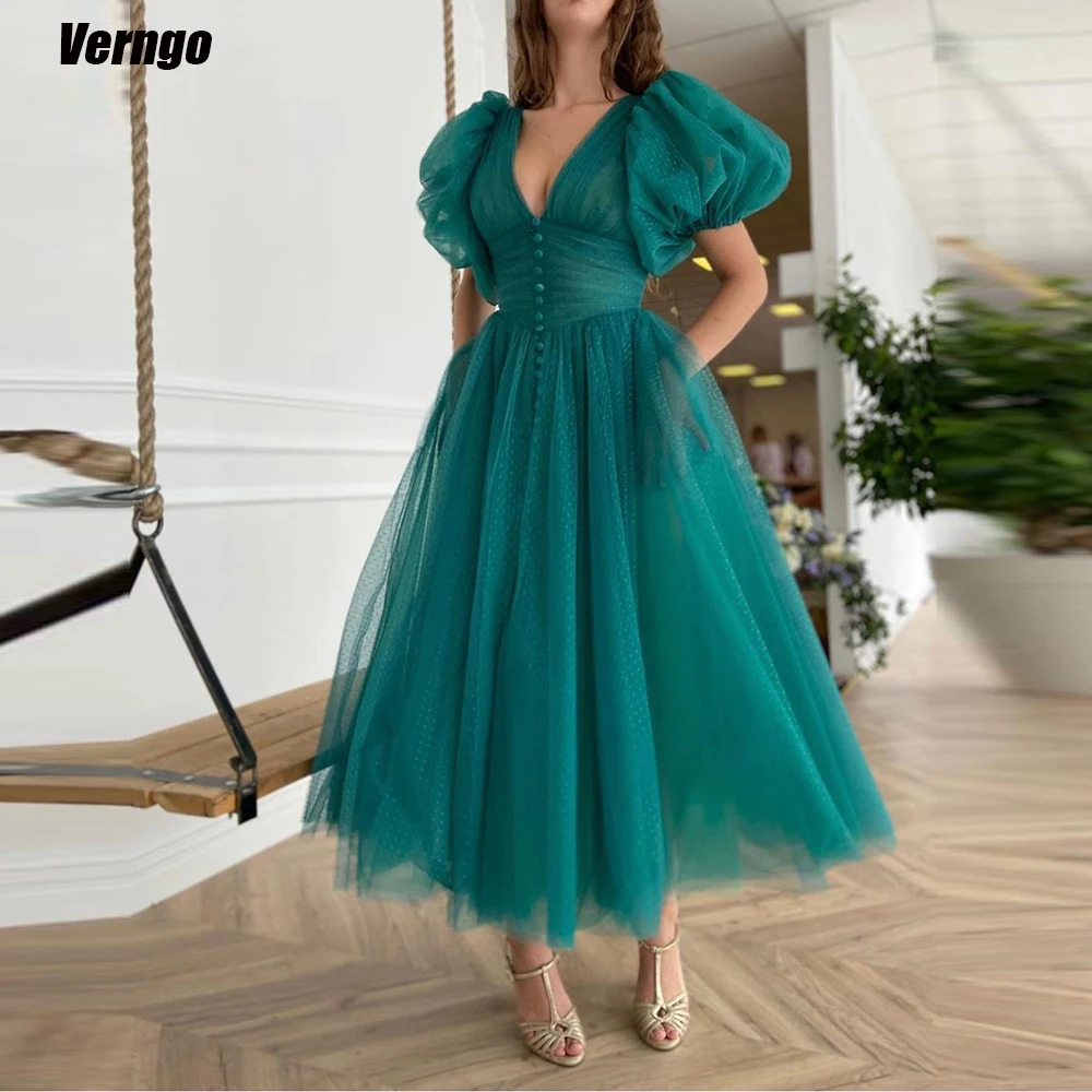 

Verngo A-line Dotted Tulle Prom Dresses V-neck Short Sleeves Split Evening Gowns with Pockets Tea-length Homecoming Party Dress