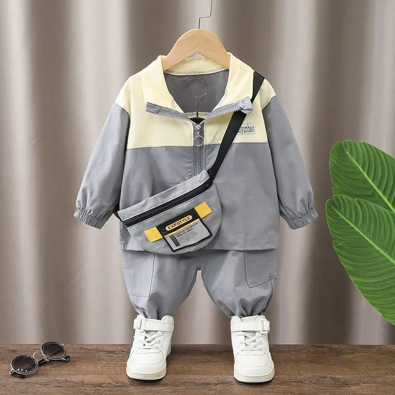 Spring Autumn Kids Boys Clothes Patchwork Hoodies Pants 2Pcs/sets Outfit Infant Kids Sport Casual Clothing Tracksuits With Bag