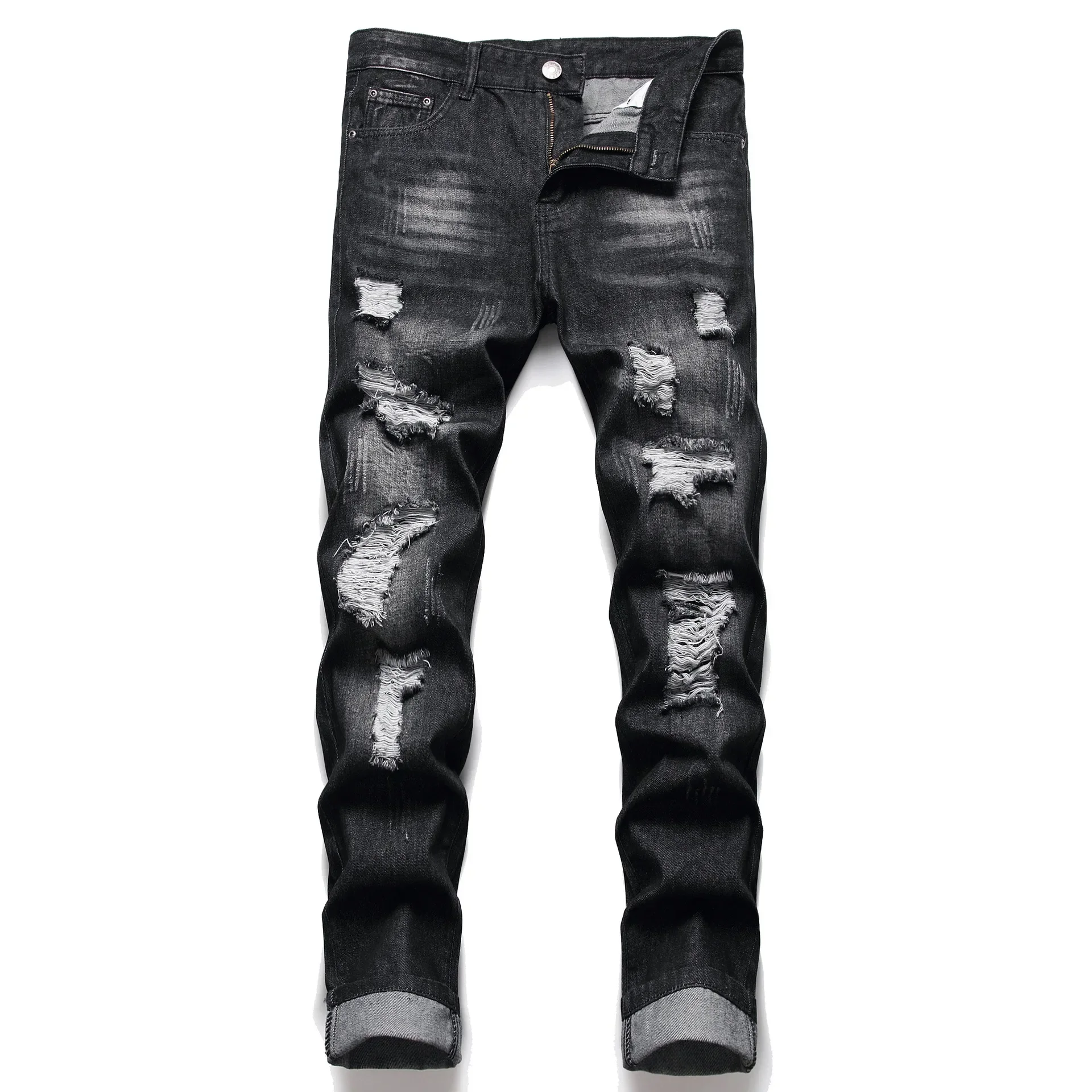 

Men Jeans Vintage Ripped Slim Fit Wash Solid Denim Distressed Skinny Ankle Length Pants Pencil Holes Pants 2024 Punk Style
