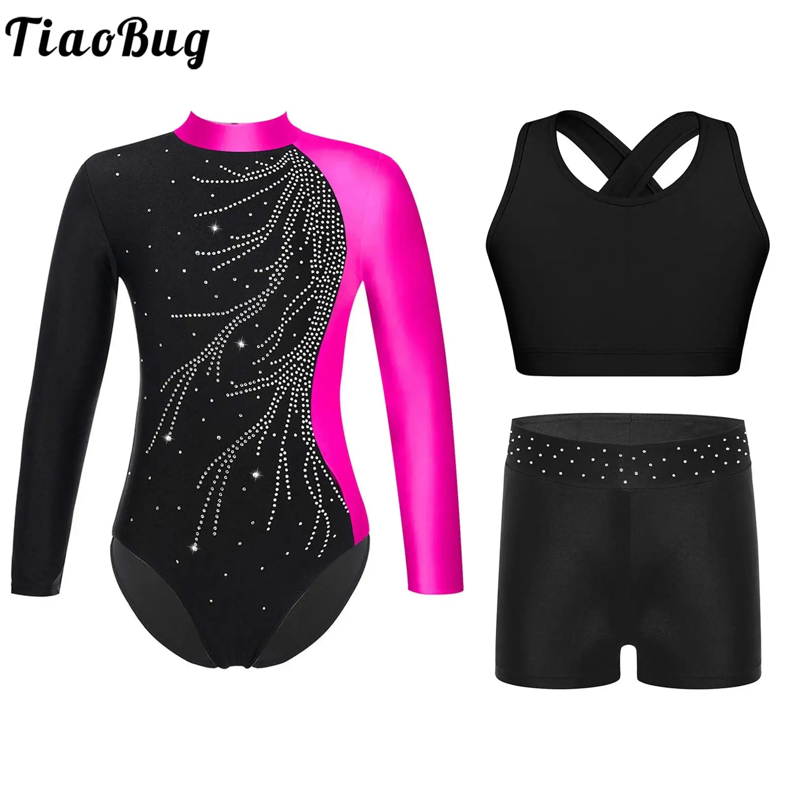 

Kids Girls Gymnastics Outfit Ballet Dance Skating Suit Long Sleeve Color Block Leotard Bodysuit with Vest And Waistband Shorts