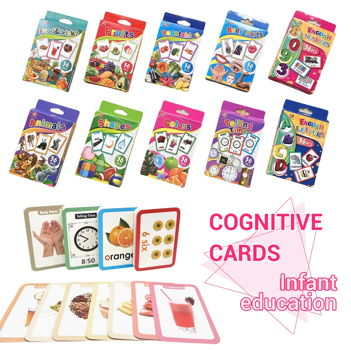 Kids Educational Flashcards Set 36 Pcs 10 Themes Animals Fruits Vegetables Food Parts Colors Numbers Shapes Time Letters ect