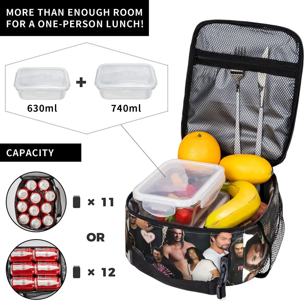 Jason Momoa Photo Collage Lunch Bag Aesthetic Lunch Box For Women Picnic Portable Zipper Cooler Bag Oxford Print Tote Food Bags