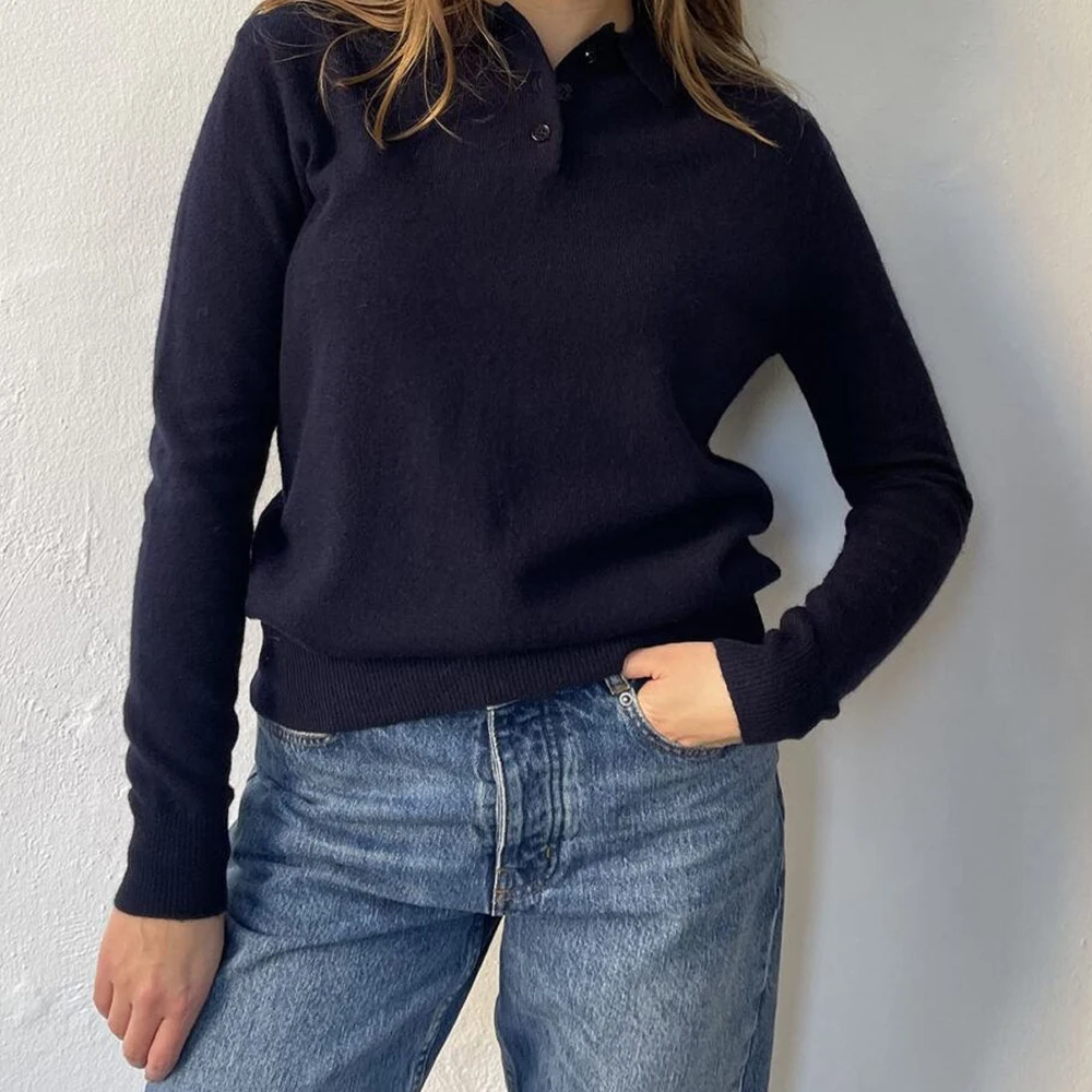 

Женские осенние винтажные свитера с отложным воротником и длинными рукавами y2k, однотонный легкий вязаный пуловер, повседневные топы, уличная одежда